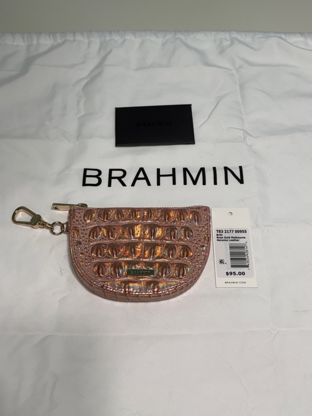 Brahmin Iridescent Rose Gold Croc-Embossed Britt Coin Pouch with Swivel Clip
